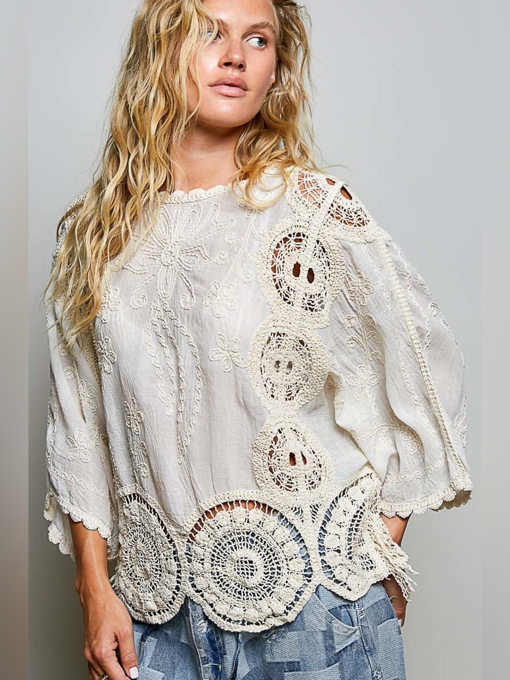 Pol Embroidered Crochet Peasant Tunic - Ivory - Picture 2 of 4